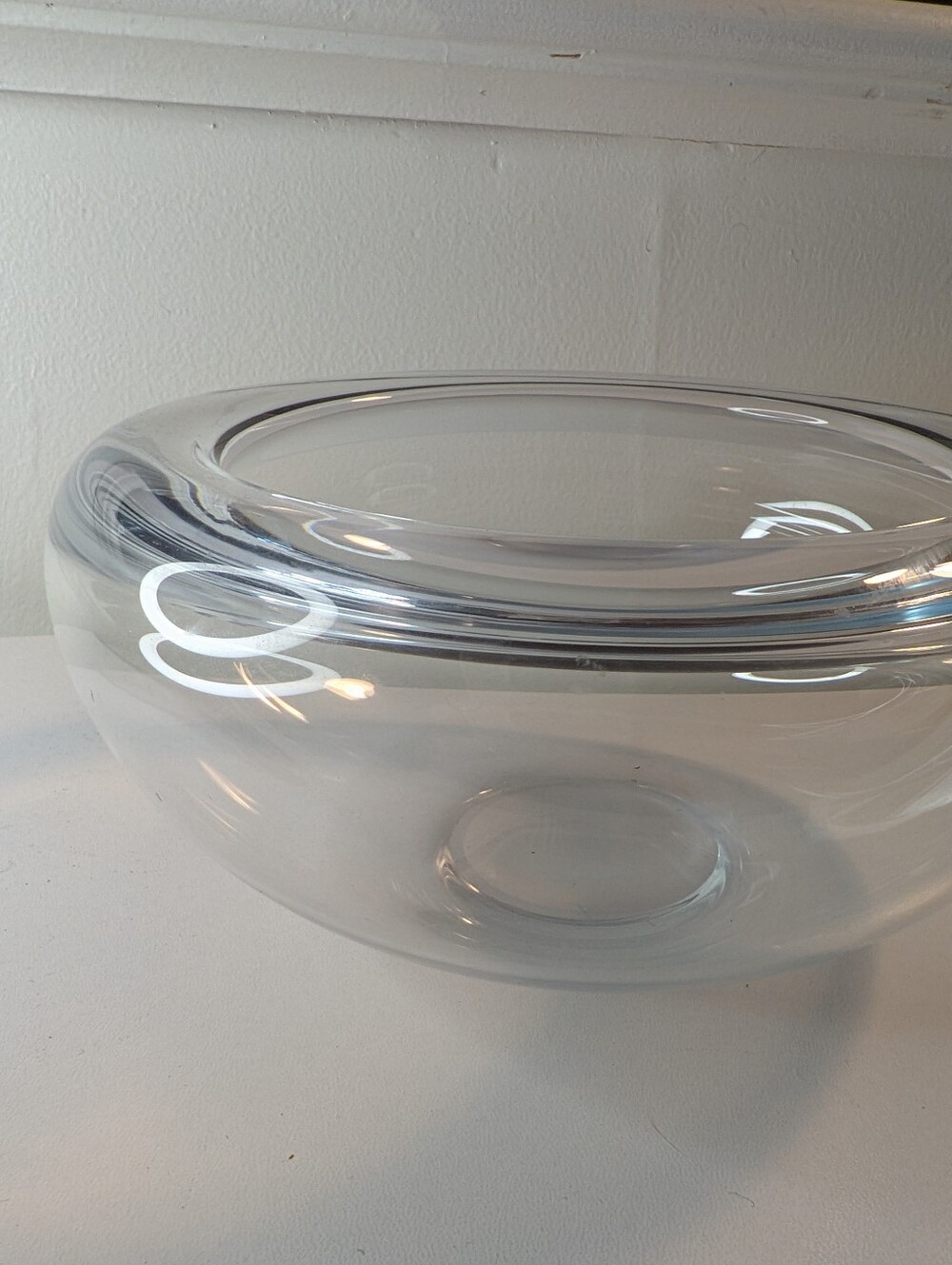 Modern Minimalist Clear Art Glass Serving Bowl with Infolded Ergonomic Rim